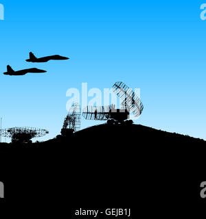 Silhouette military radar dish. illustration.