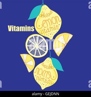 Seamless pattern lemons pears on a blue background Stock Vector