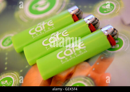 Hamburg, Germany. 14th July, 2016. Lighters with the logo of the Care-Energy Holding, photographed during a press conference of the Care Energy Group in Hamburg, Germany, 14 July 2016. PHOTO: AXEL HEIMKEN/dpa/Alamy Live News Stock Photo
