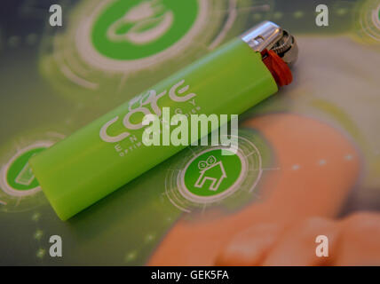 Hamburg, Germany. 14th July, 2016. A lighter with the logo of the Care-Energy Holding, photographed during a press conference of the Care Energy Group in Hamburg, Germany, 14 July 2016. PHOTO: AXEL HEIMKEN/dpa/Alamy Live News Stock Photo