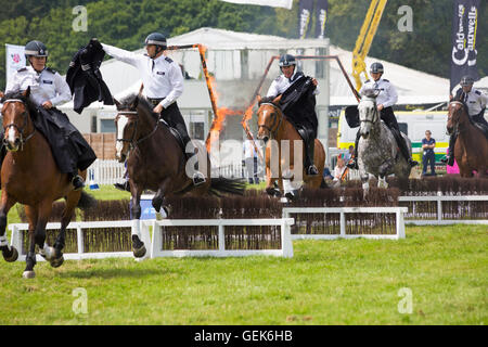 near Brockenhurst, Hampshire, UK. 26th July, 2016. the first day of the New Forest & Hampshire County Show as thousands attend the event which takes place over three days. The Metropolitan Police activity ride thrills the crowds with their action packed rides as horses jump through fire, complete fast crossovers and riders demonstrate their skills as they remove and replace their jackets, take off the stirrup irons and saddles whilst riding and the horses continue to jump. Horses jump through the fire while riders take off remove their jackets jacket. Credit:  Carolyn Jenkins/Alamy Live News Stock Photo