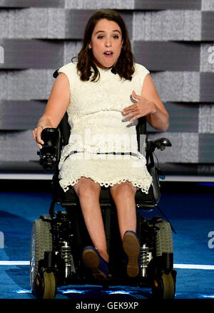 Philadelphia, Us. 25th July, 2016. Anastasia Somoza of New York, NY, along with her twin sister, was diagnosed with cerebral palsy and spastic quadriplegia when she was born and is an advocate for Americans with intellectual and developmental disabilities makes remarks at the 2016 Democratic National Convention at the Wells Fargo Center in Philadelphia, Pennsylvania on Monday, July 25, 2016. Credit: Ron Sachs/CNP (RESTRICTION: NO New York or New Jersey Newspapers or newspapers within a 75 mile radius of New York City) - NO WIRE SERVICE - © dpa/Alamy Live News Stock Photo