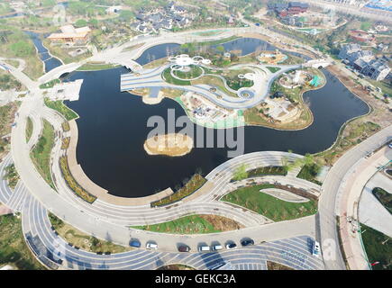 (160727) -- TANGSHAN, July 27, 2016 (Xinhua) -- Photo taken on April 12, 2016 shows the aerial view of the site for the 2016 Tangshan International Horticultural Exposition in Tangshan, north China's Hebei Province. In the early hours of July 28, 1976, one of the deadliest earthquakes of the 20th century toppled Tangshan, killing more than 240,000 people and injuring another 160,000. The deadly earthquake leveled Tangshan in just 23 seconds, with 96 percent of the city's architecture generally destroyed. Yet Tangshan has been building a miracle on its debris ever since. By the year 2015, the p Stock Photo