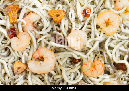 Close up of Surimi elvers with prawns, garlic and pepper Stock Photo