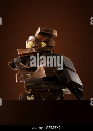 Close up view of chocolate bars on brown background Stock Photo