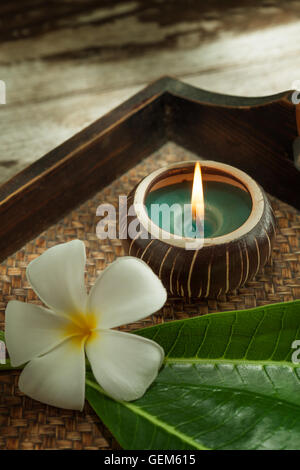 close up view of spa theme objects on color back Stock Photo