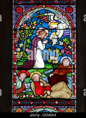 Jesus prays in Garden of Gethsemane, Disciples sleep, Old Hunstanton stained glass window, detail of life of Jesus, Preedy Stock Photo