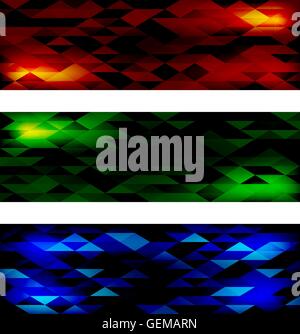 Creative Triangular Polygonal Colorful Mosaic Banners. Set of three different color themes, red, green and blue. Stock Vector