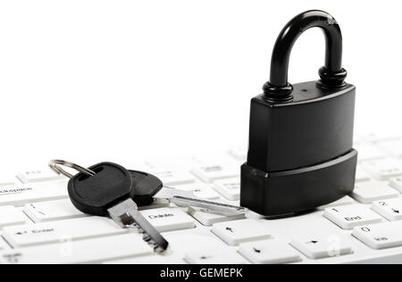 Data security concept with padlock on laptop computer keyboard Stock Photo
