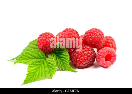Ripe raspberry with leaf on white background Stock Photo