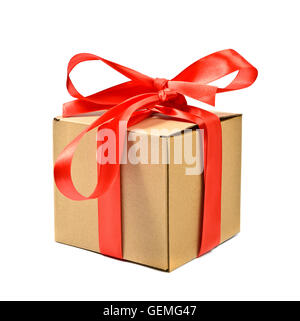Cardboard gift box with red ribbon bow, isolated on white Stock Photo