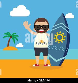Surfer with surfboard on summer vacation flat design vector illustration Stock Vector