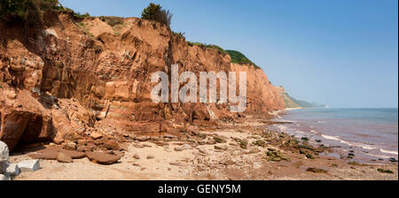 UK, England, Devon, Sidmouth, Esplanade, eroded cliffs where River Sid flows into sea, panoramic Stock Photo