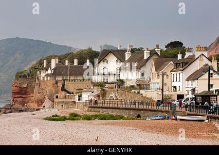 UK, England, Devon, Sidmouth, Clifton Beach and thatched seafront houses on Peak Hill Road Stock Photo