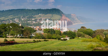 UK, England, Devon, Sidmouth, Sid Valley, town and Salcombe Hill cliffs, elevated panoramic view from Peak Hill Stock Photo