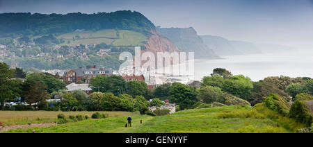 UK, England, Devon, Sidmouth, Sid Valley, town and Salcombe Hill cliffs, elevated panoramic view from Peak Hill Stock Photo