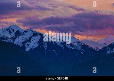 Vector abstract low poly triangular background, dramatic mountains at sunset. Stock Vector