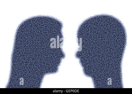 Two heads, silhouettes, woman and man, looking at each other, in modern low poly style. Stock Vector