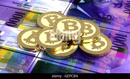 Stack of bitcoins with Swiss franc bills. 3D illustration. Stock Photo
