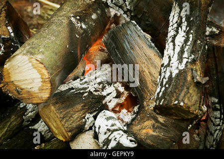 A log fire in a fire pit, with glowing embers. Stock Photo