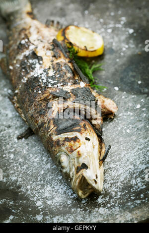 High angle view of a grilled fish with lemon and herbs. Stock Photo