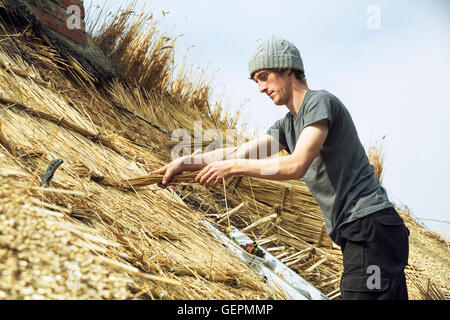 Young man thatching a roof, standing on a ladder. Stock Photo