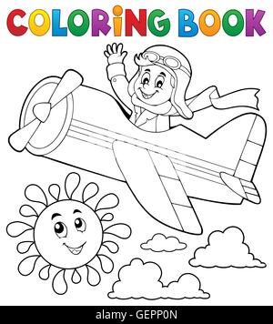 Coloring book pilot in retro airplane Stock Photo - Alamy
