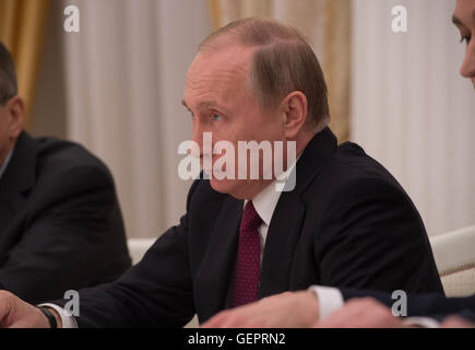 Russian President Putin Speaks During a Bilateral Meeting With Secretary Kerry Focused on Syria and Ukraine in Moscow Stock Photo