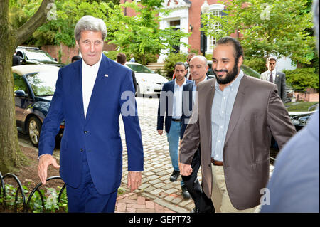 Secretary Kerry and Saudi Deputy Crown Prince Mohammed bin Salman and Foreign Minister al-Jubeir Prepare for Their Meeting Followed by an Iftar Dinner in Washington Stock Photo