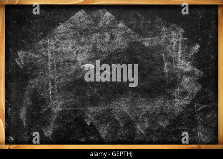 Chalk marks on dirty used vintage school blackboard with wooden frame, education message copy space Stock Photo