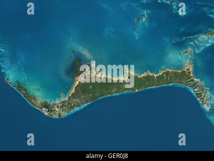 Satellite view of Grand Bahama, Bahamas. This image was compiled from data acquired by Landsat satellites. Stock Photo