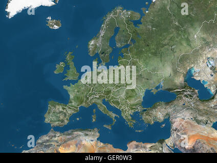 Satellite view of Europe (with country boundaries). This image was ...