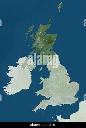 Satellite view of Scotland, UK (with country boundaries and mask). The ...