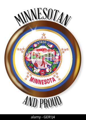 Minnesota state flag button with a gold metal circular border over a white background with the text Minnesotan and Proud Stock Vector