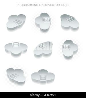 Software icons set: different views of metallic Database With Cloud, transparent shadow, EPS 10 vector. Stock Vector