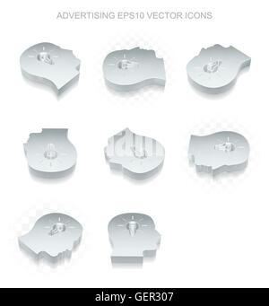Marketing icons set: different views of metallic Head With Light Bulb, transparent shadow, EPS 10 vector. Stock Vector