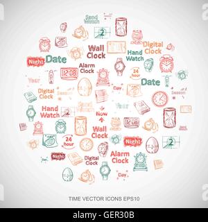 Multicolor doodles Hand Drawing Time Icons set on White. EPS10 vector illustration. Stock Vector