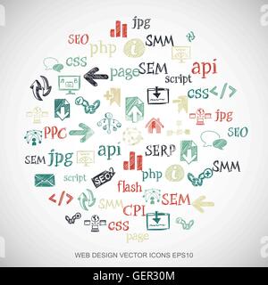 Multicolor doodles Hand Drawn Site Development Icons set on White. EPS10 vector illustration. Stock Vector