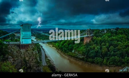 Clifton suspension bridge during storm, Bristol, England, UK Stock Photo