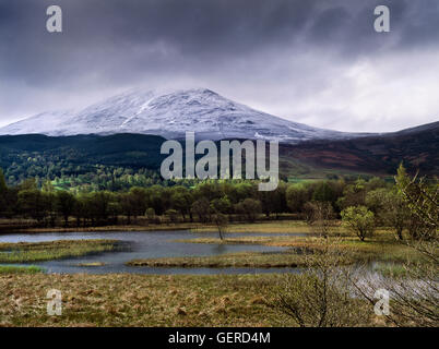 View SE over River Tummel to Schiehallion, Tayside, sacred mountain of Iron Age Caledonians (Caledonii), location of May Day celebrations Stock Photo