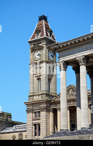 Corner of Town hall with the Museum clock tower to the rear, Birmingham, England, UK, Western Europe. Stock Photo