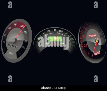 Vector illustration of a three speedometers on black Stock Vector