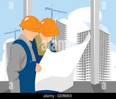 Vector illustration of a two builders look on plan Stock Vector