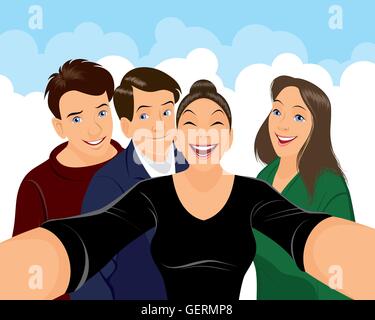 Vector illustration of a group of teenagers doing selfe Stock Vector