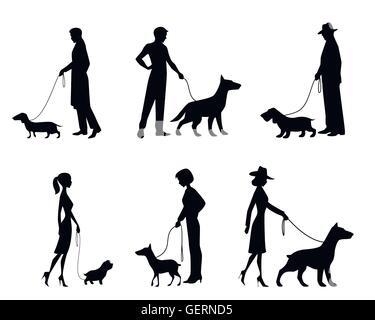Vector illustration of a people silhouettes with dogs Stock Vector