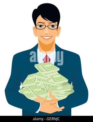 Happy successful businessman with lots of money flat vector ...
