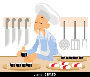 Vector illustration of a sushi chef in kitchen Stock Vector