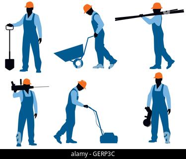 Vector illustration of a six workers silhouettes Stock Vector