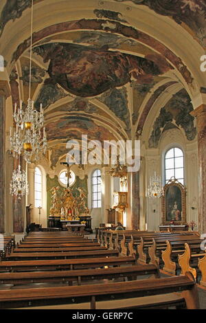 geography / travel, Germany, Hesse, Heusenstamm, Catholic parish church St. Cecilia, built: 1739 by Johann Balthasar Neumann in the order of the Countess Maria Theresia von Schoenborn, ceiling frescoes by Christoph Thomas Scheffler (1741), high altar by J Stock Photo