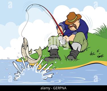 Vector illustration of a fisherman and pike Stock Vector